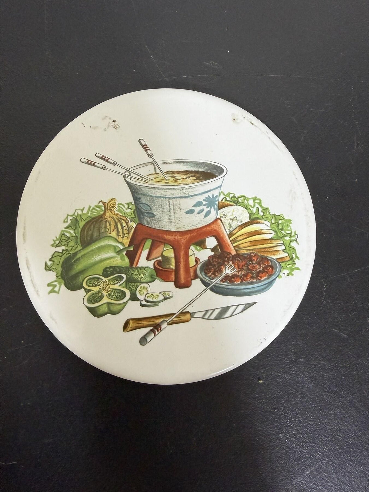 MID-STATE Porcelain Fondue Plate Trivet 6.5in Vegetable Art - Wormhole Thrift