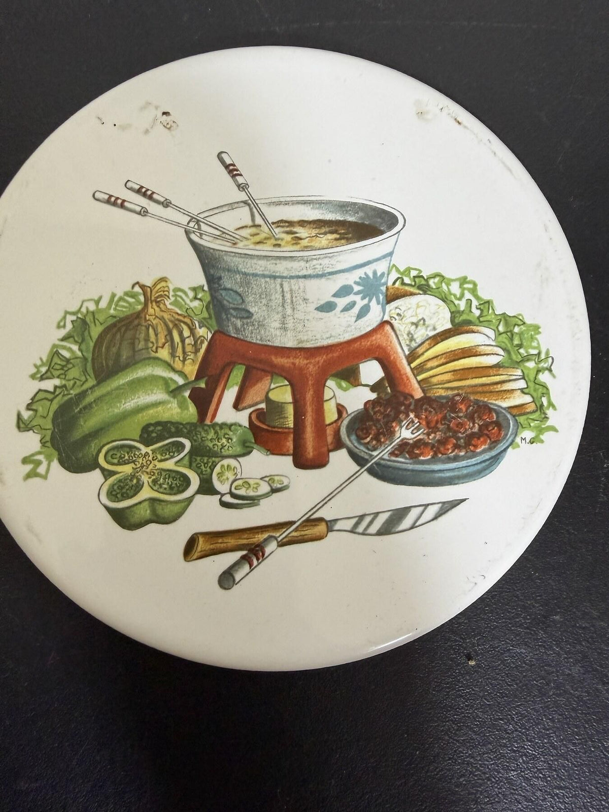 MID-STATE Porcelain Fondue Plate Trivet 6.5in Vegetable Art - Wormhole Thrift