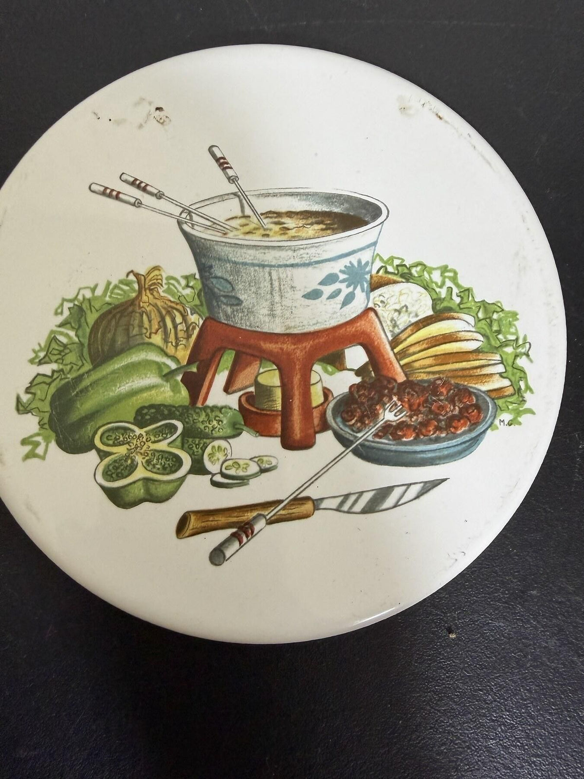 MID-STATE Porcelain Fondue Plate Trivet 6.5in Vegetable Art - Wormhole Thrift