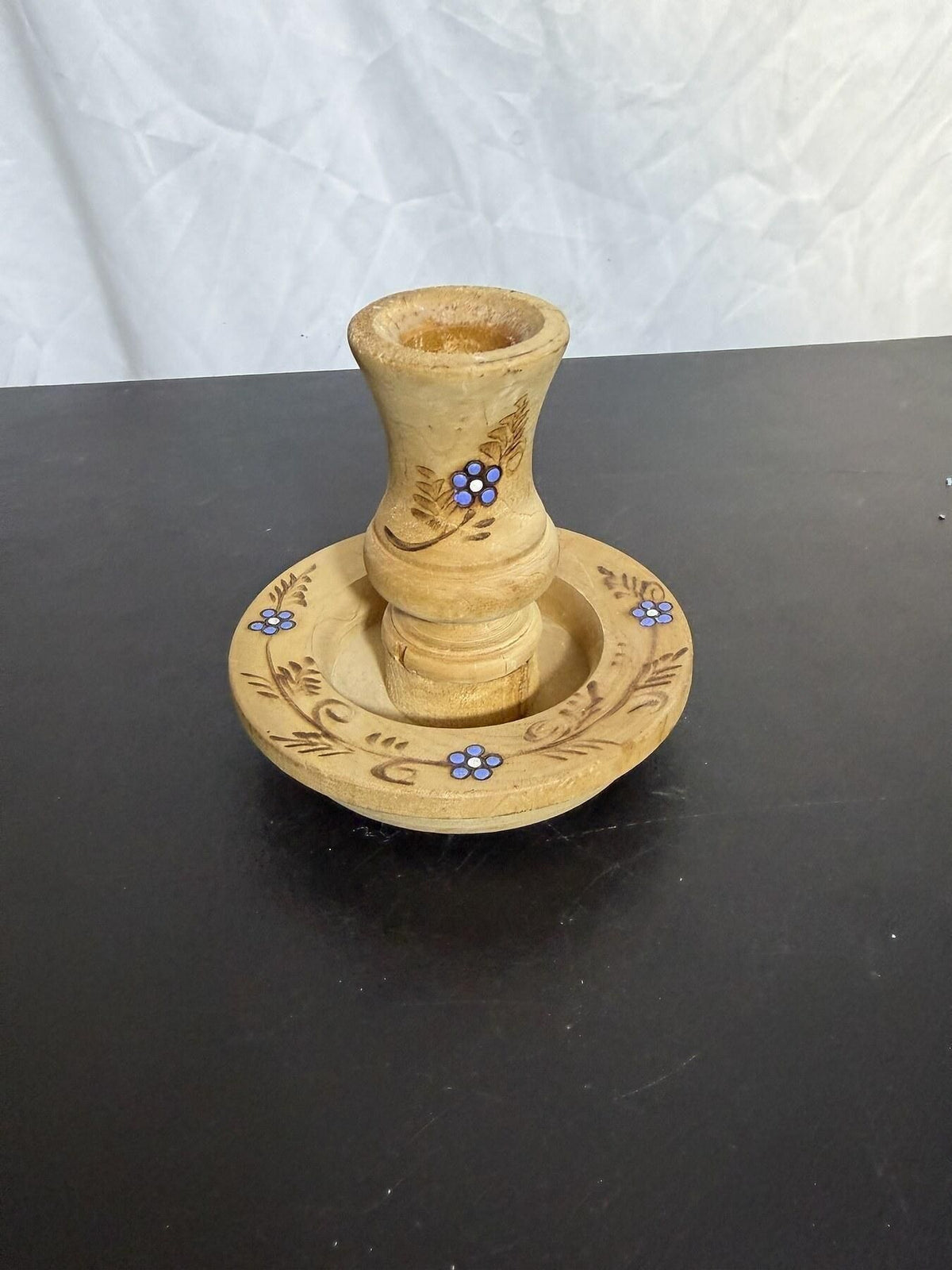 Vintage Wooden Candlestick Holder Hand-Painted Floral Tray Handle - Wormhole Thrift
