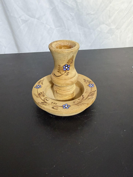 Vintage Wooden Candlestick Holder Hand-Painted Floral Tray Handle - Wormhole Thrift