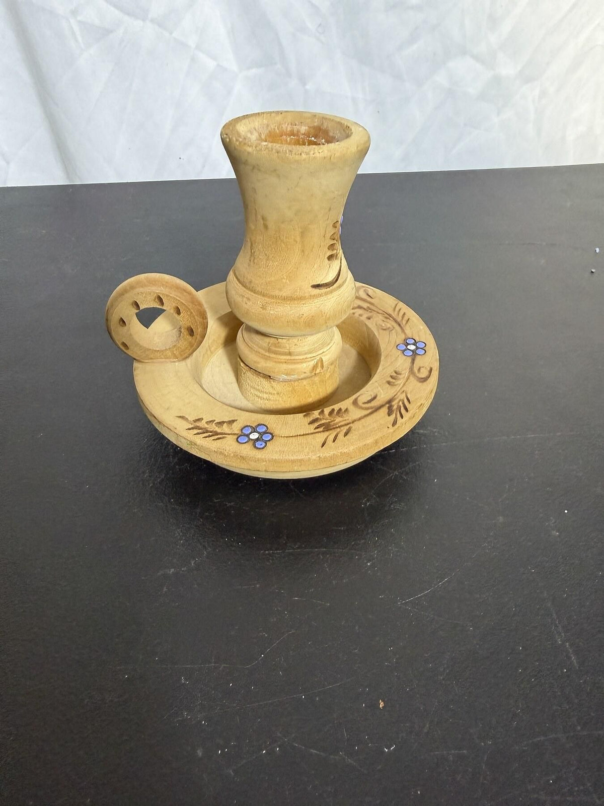 Vintage Wooden Candlestick Holder Hand-Painted Floral Tray Handle - Wormhole Thrift