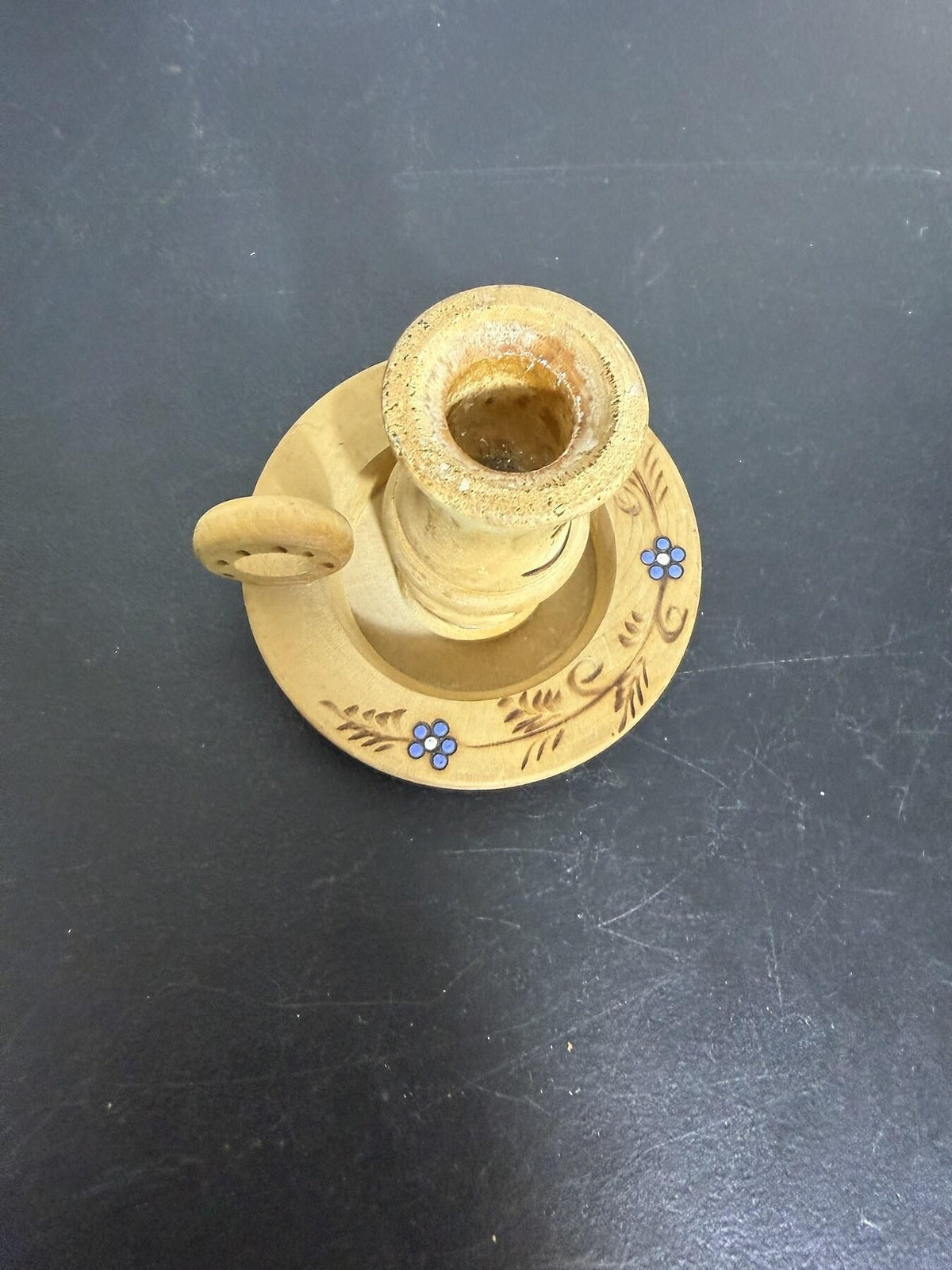 Vintage Wooden Candlestick Holder Hand-Painted Floral Tray Handle - Wormhole Thrift