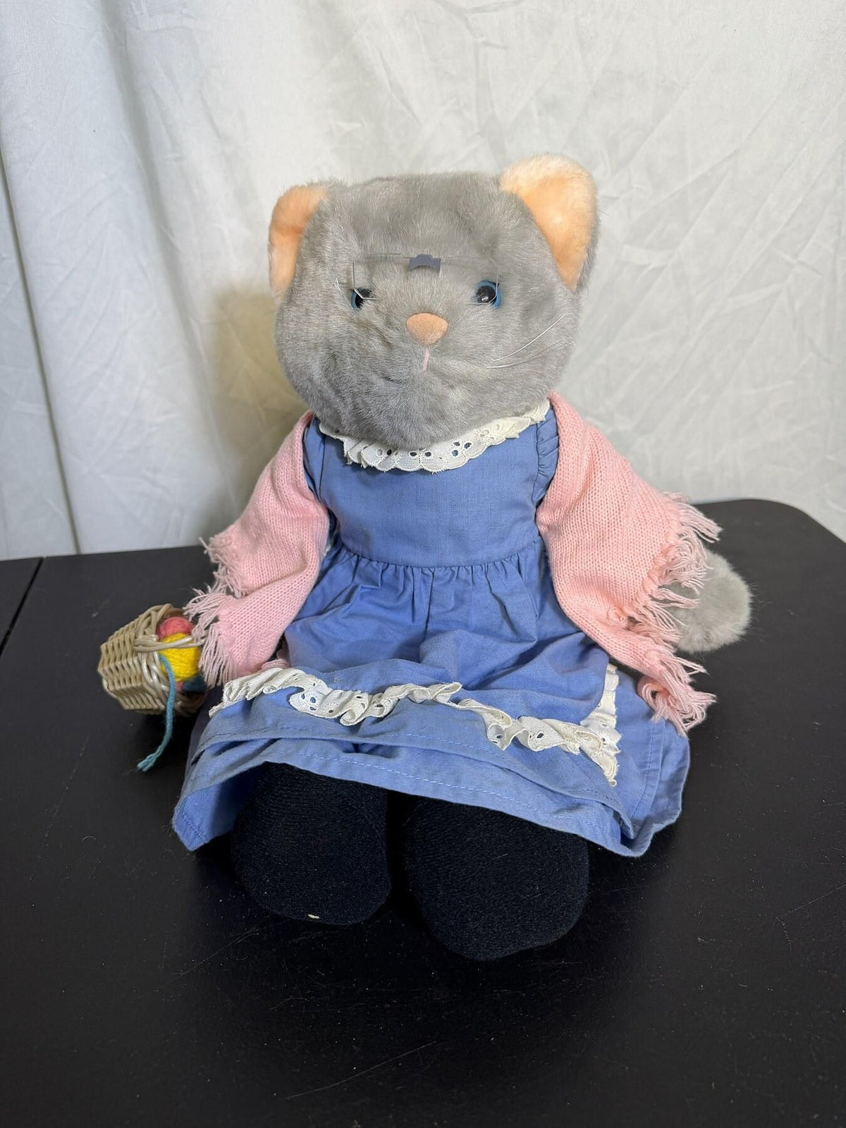 Vintage Dakin 1985 Plush Cat Doll w/ Dress, Shawl & Basket - Wormhole Thrift