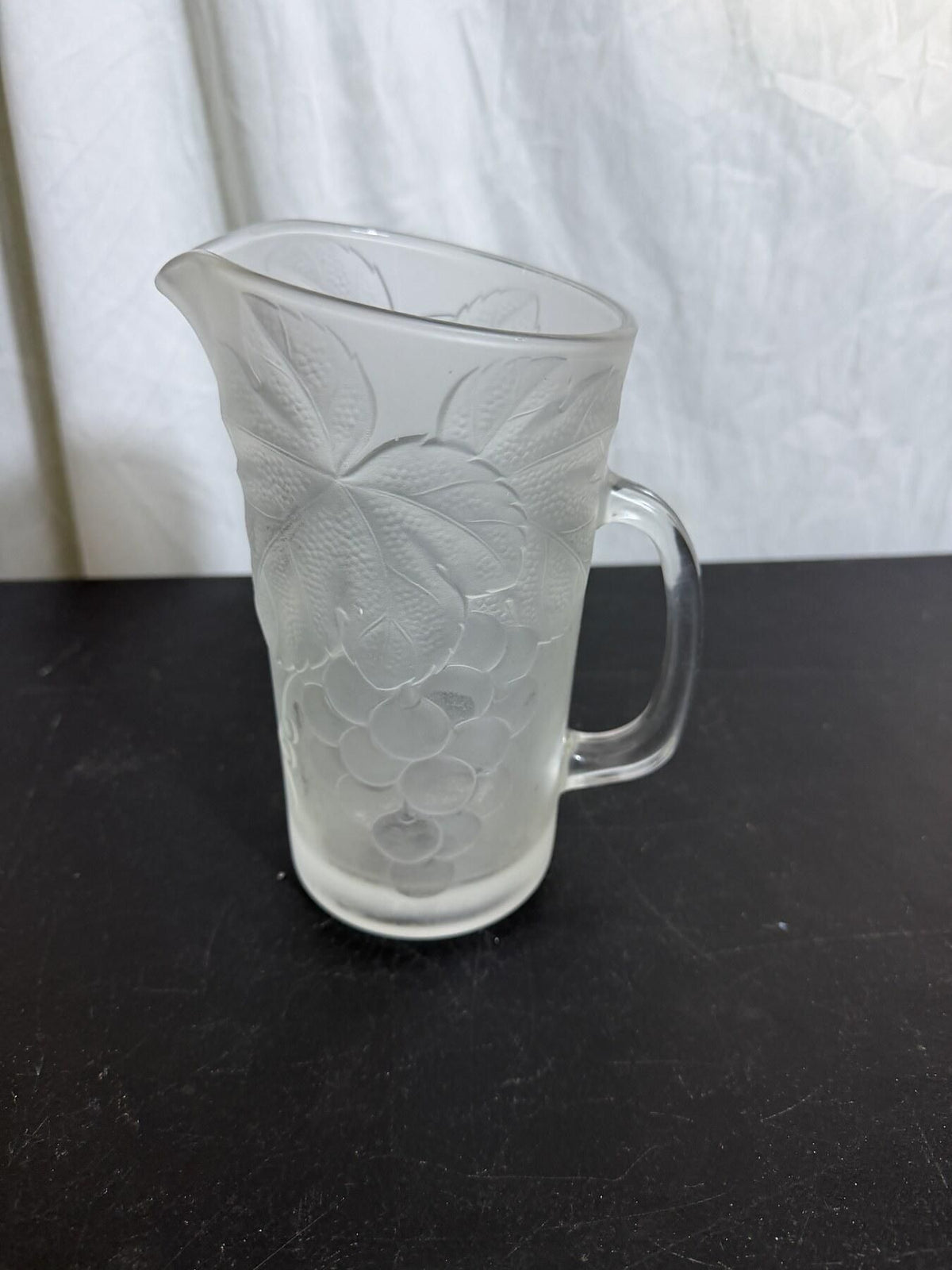 Vintage Frosted Glass Pitcher with Grape & Leaf Relief Pattern - Wormhole Thrift
