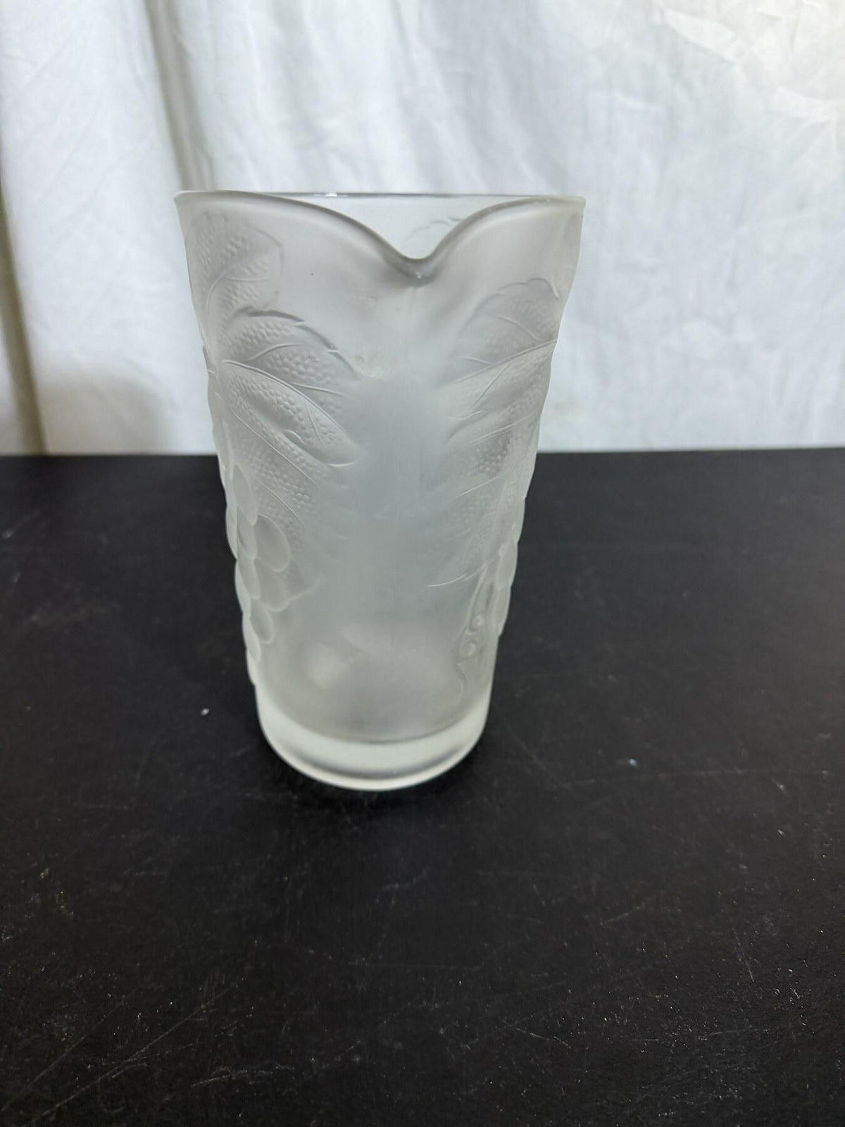Vintage Frosted Glass Pitcher with Grape & Leaf Relief Pattern - Wormhole Thrift