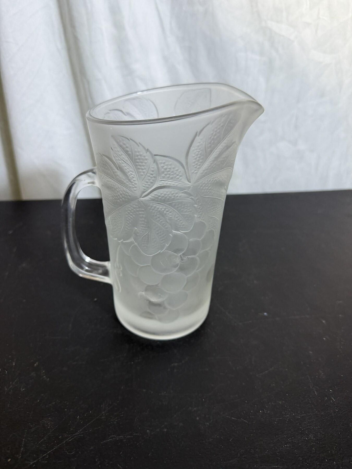 Vintage Frosted Glass Pitcher with Grape & Leaf Relief Pattern - Wormhole Thrift