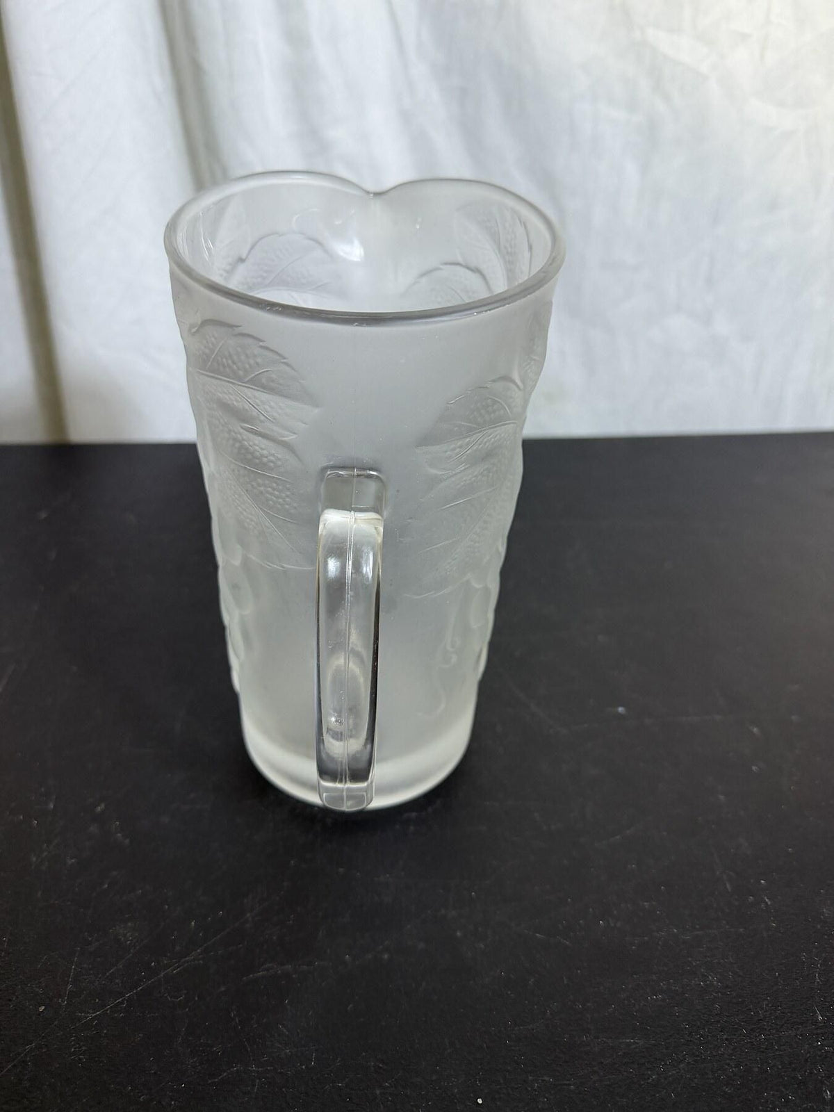 Vintage Frosted Glass Pitcher with Grape & Leaf Relief Pattern - Wormhole Thrift
