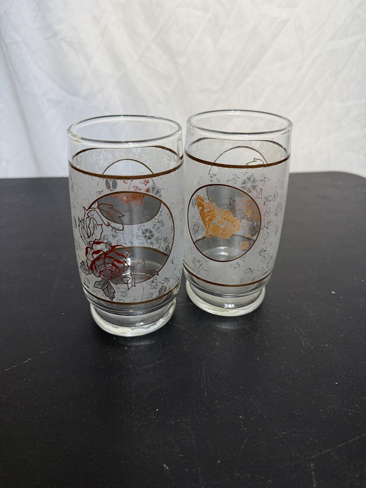 Vintage Frosted Glass Tumblers Set of 2 - Floral & Bird Design - Wormhole Thrift