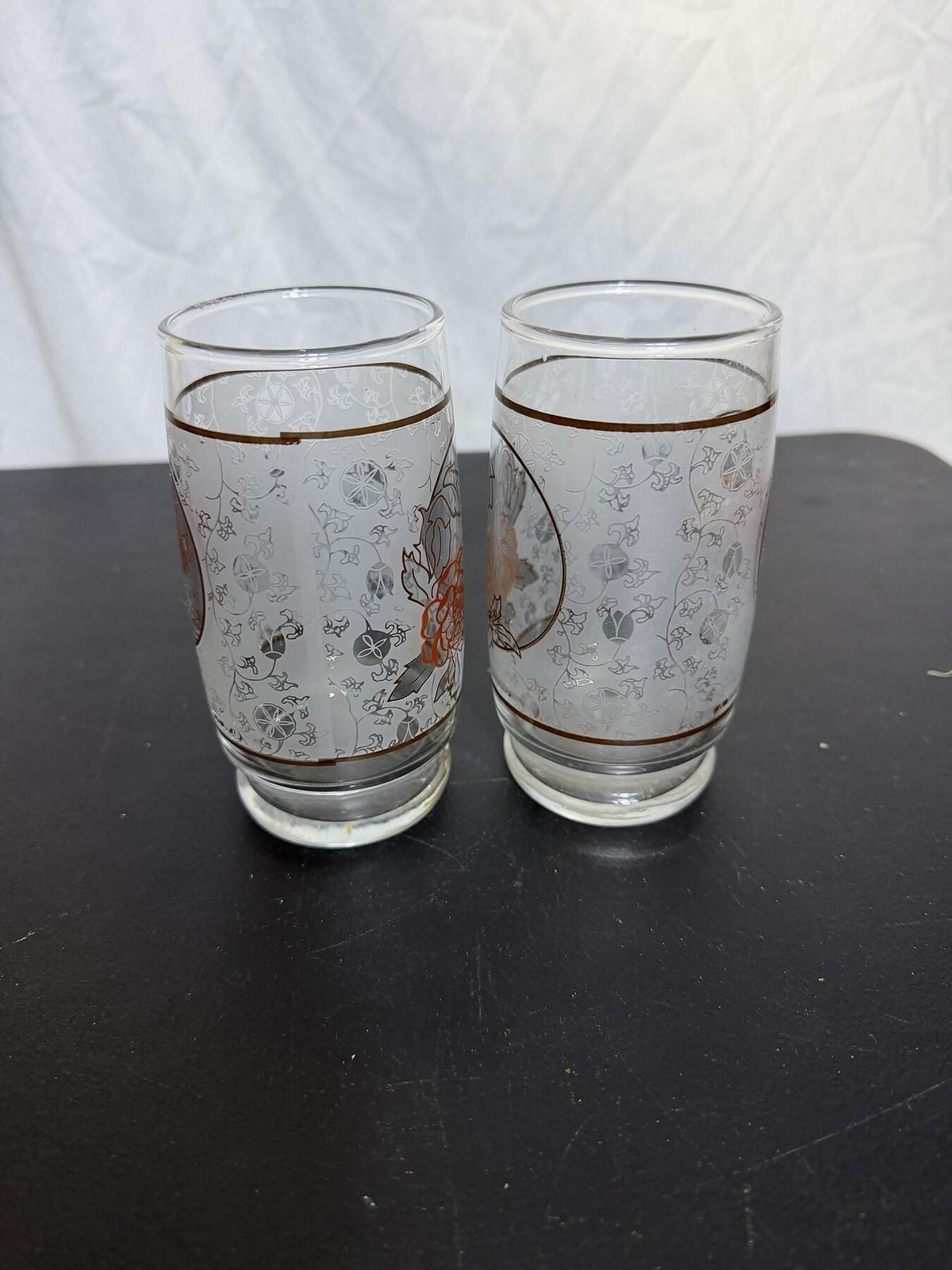 Vintage Frosted Glass Tumblers Set of 2 - Floral & Bird Design - Wormhole Thrift
