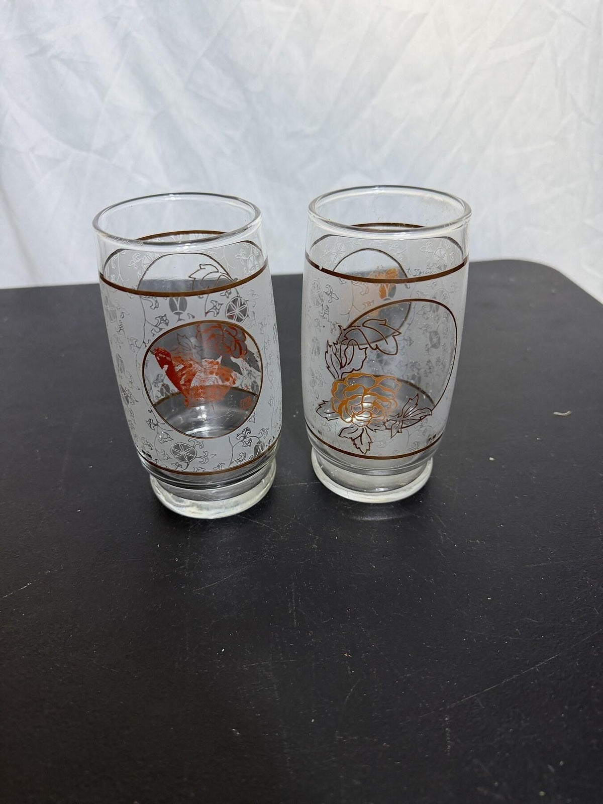 Vintage Frosted Glass Tumblers Set of 2 - Floral & Bird Design - Wormhole Thrift