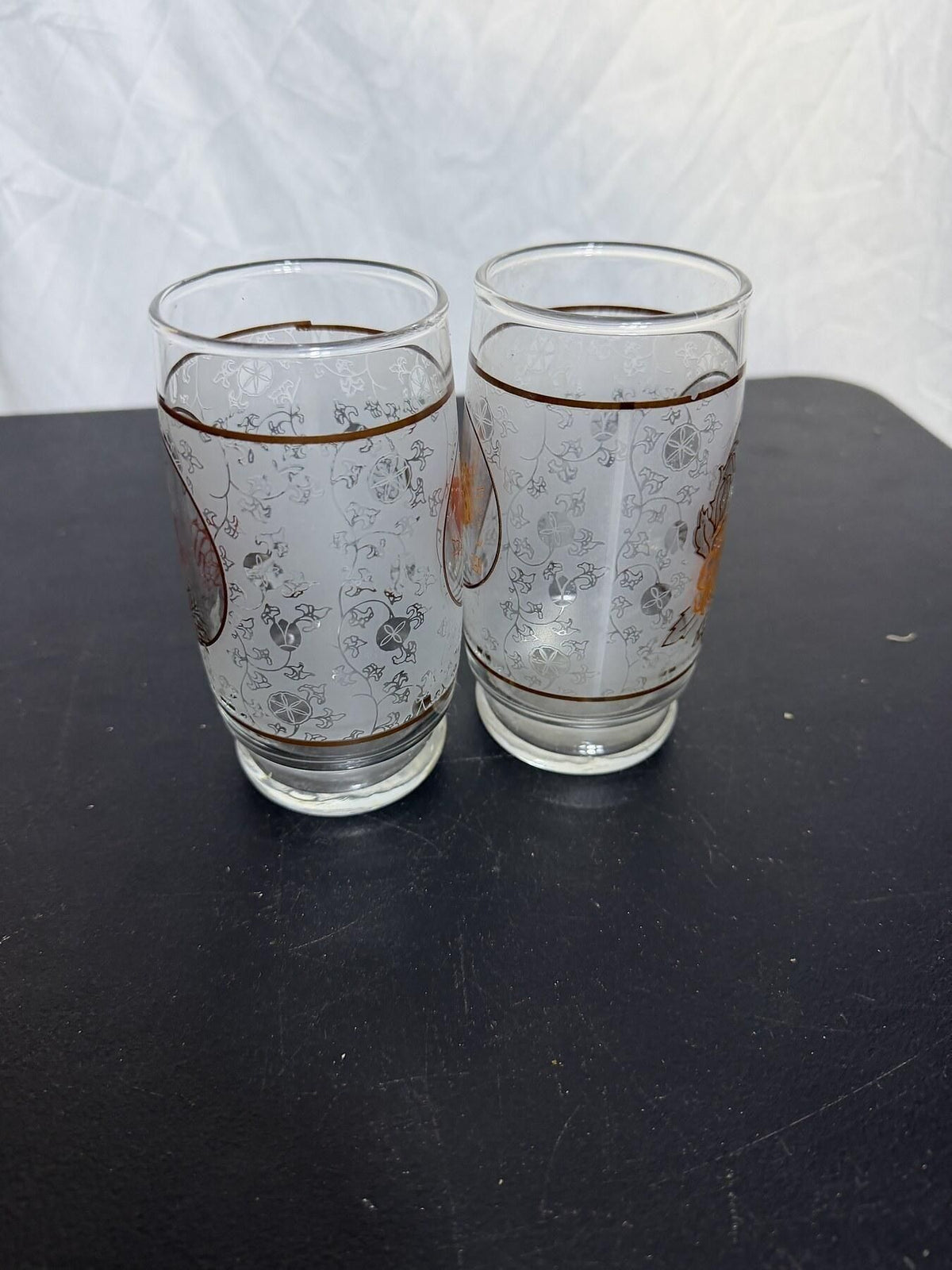 Vintage Frosted Glass Tumblers Set of 2 - Floral & Bird Design - Wormhole Thrift