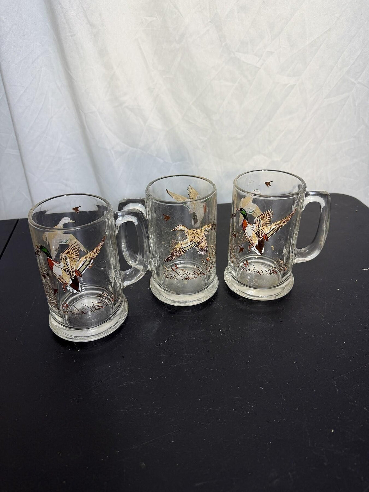 Set of 3 Vintage Glass Beer Mugs - Flying Duck Goose Decal - Wormhole Thrift