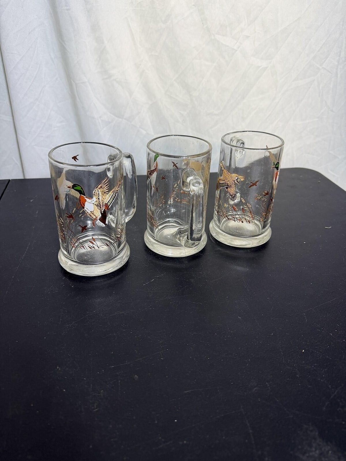 Set of 3 Vintage Glass Beer Mugs - Flying Duck Goose Decal - Wormhole Thrift