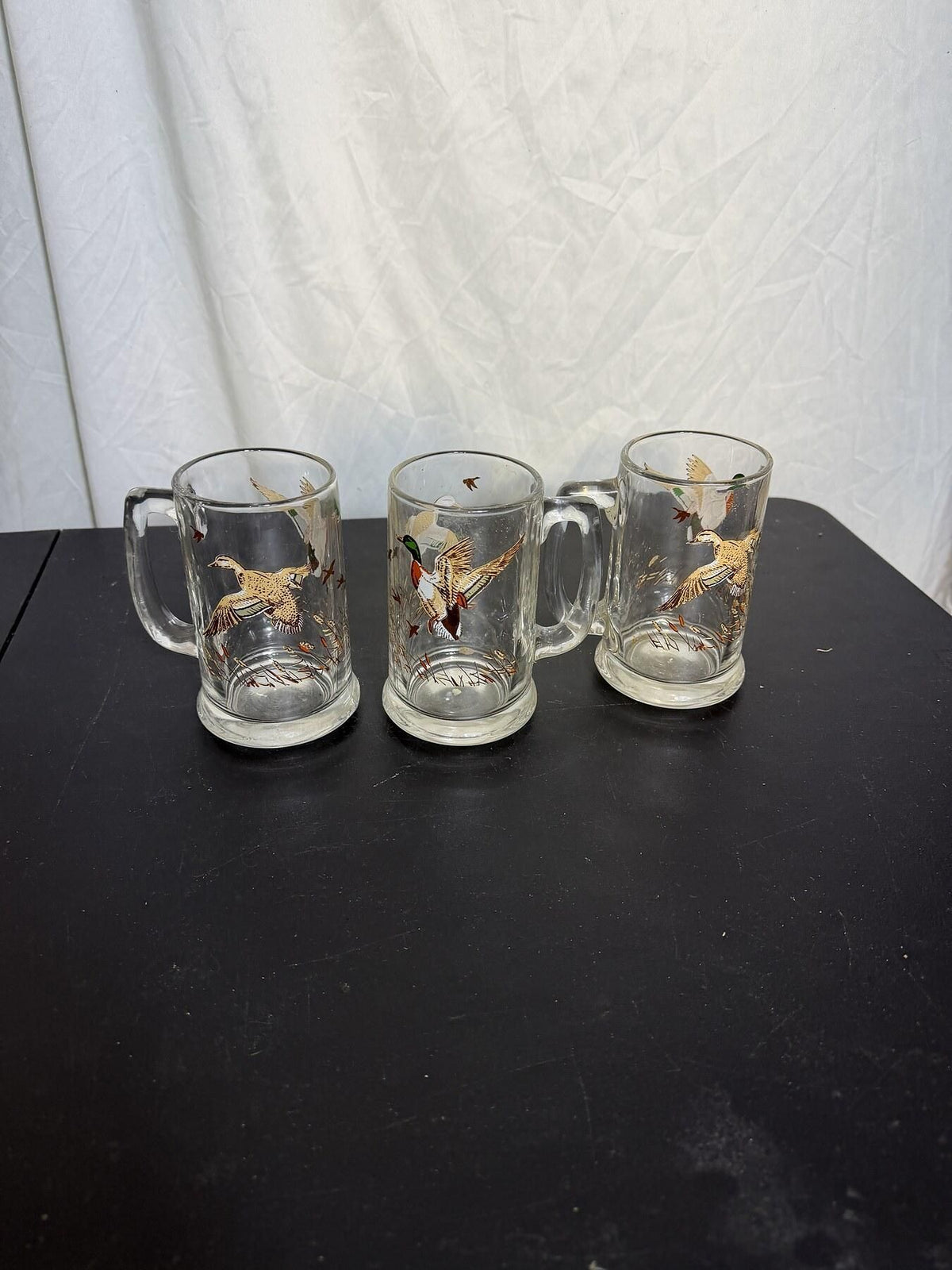 Set of 3 Vintage Glass Beer Mugs - Flying Duck Goose Decal - Wormhole Thrift
