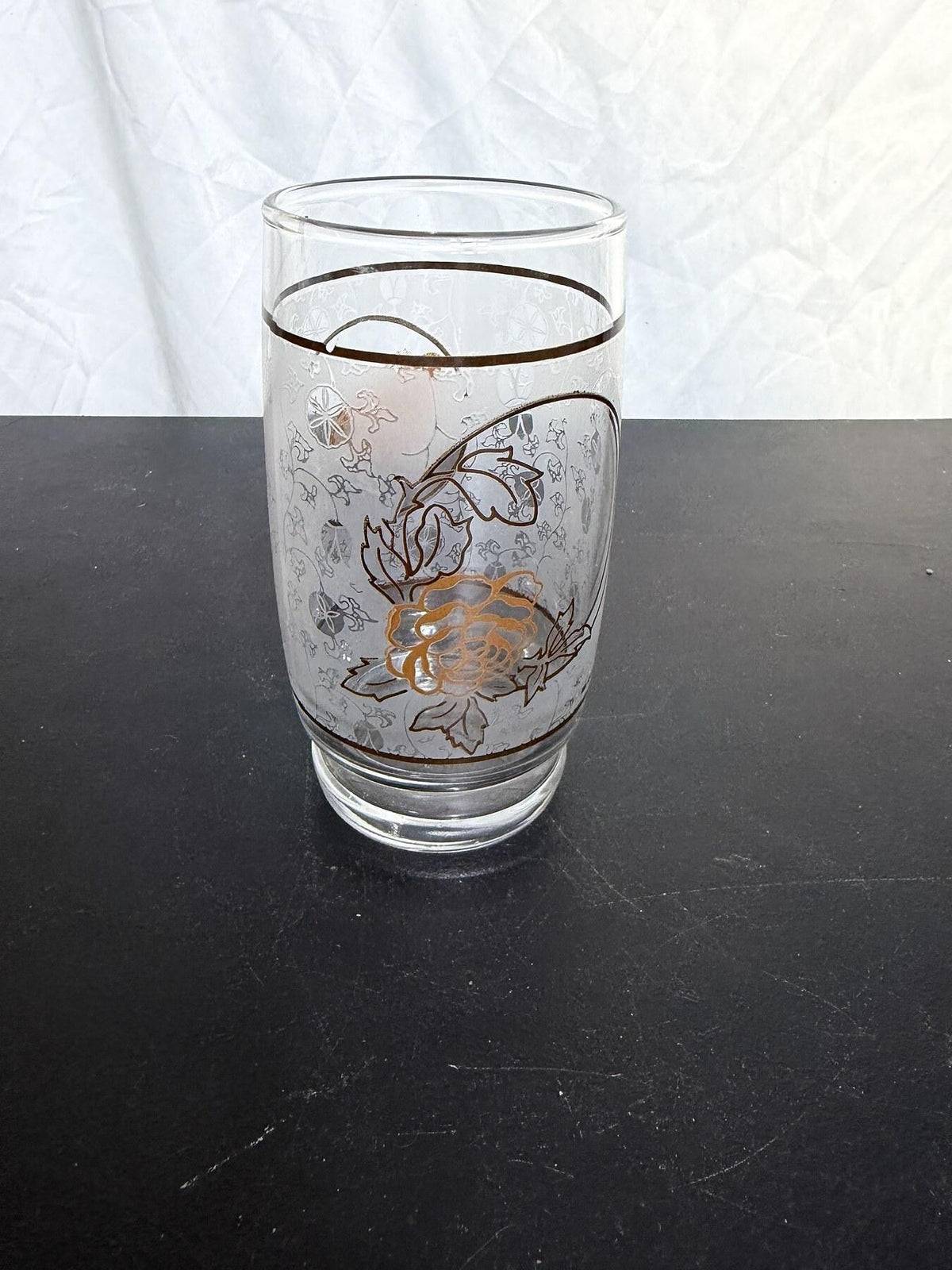 Vintage Frosted Glass Tumbler Gold Pheasant Bird Floral Pattern - Wormhole Thrift