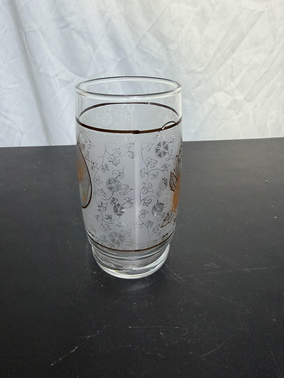 Vintage Frosted Glass Tumbler Gold Pheasant Bird Floral Pattern - Wormhole Thrift