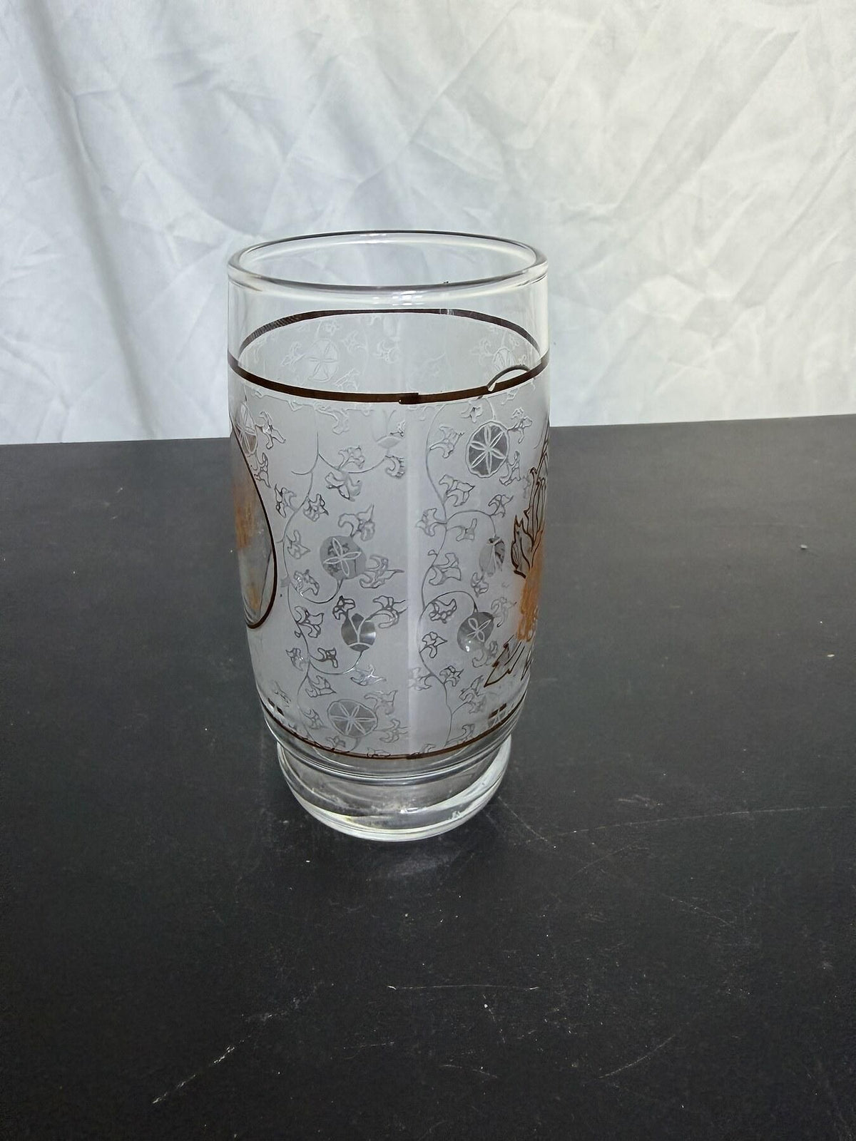 Vintage Frosted Glass Tumbler Gold Pheasant Bird Floral Pattern - Wormhole Thrift
