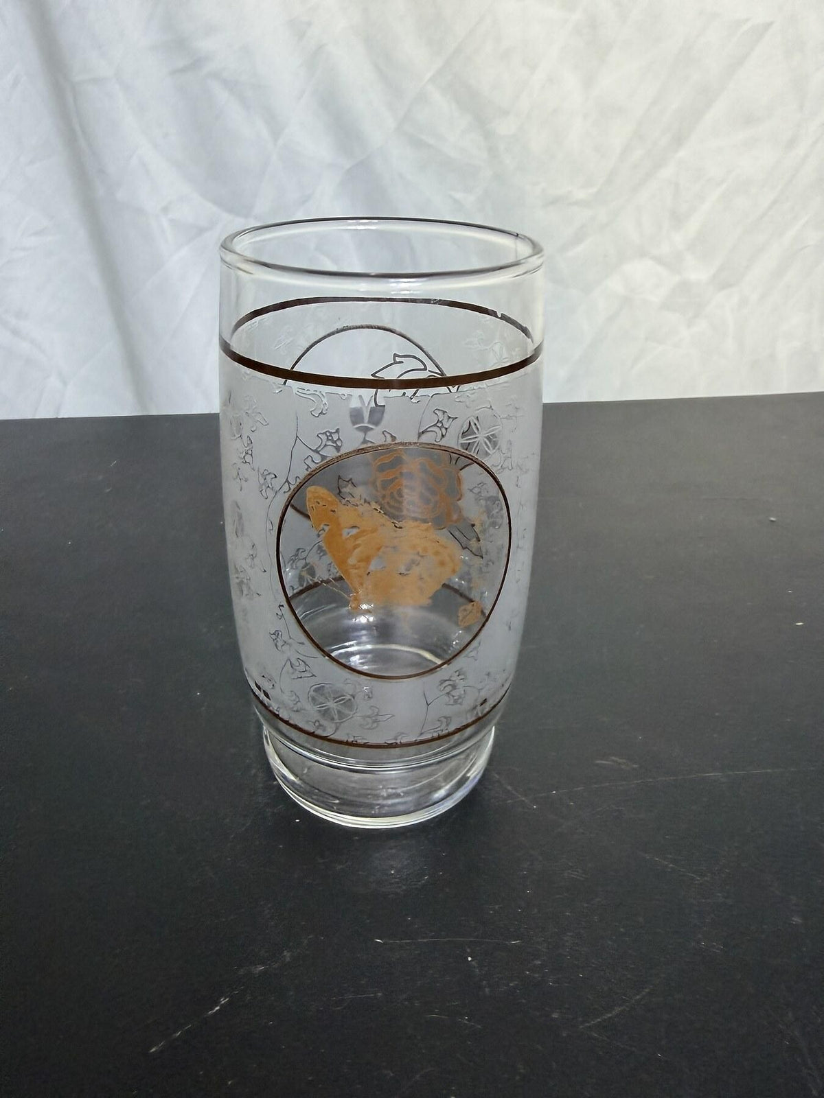 Vintage Frosted Glass Tumbler Gold Pheasant Bird Floral Pattern - Wormhole Thrift