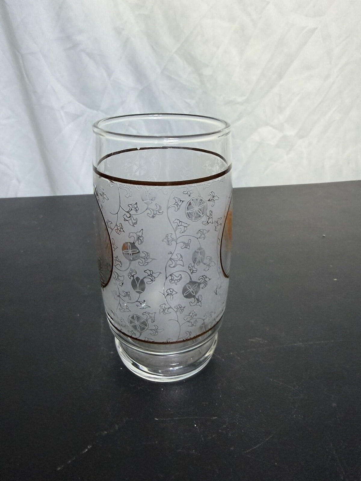 Vintage Frosted Glass Tumbler Gold Pheasant Bird Floral Pattern - Wormhole Thrift