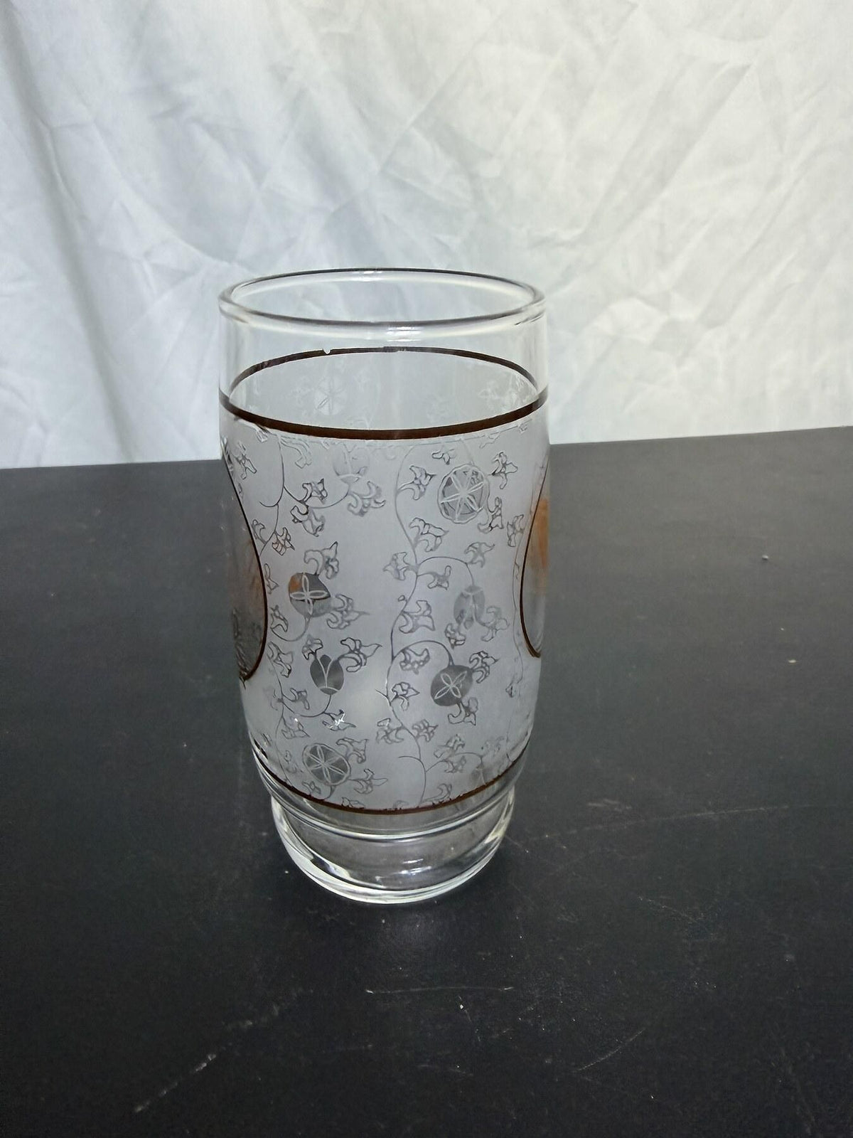 Vintage Frosted Glass Tumbler Gold Pheasant Bird Floral Pattern - Wormhole Thrift