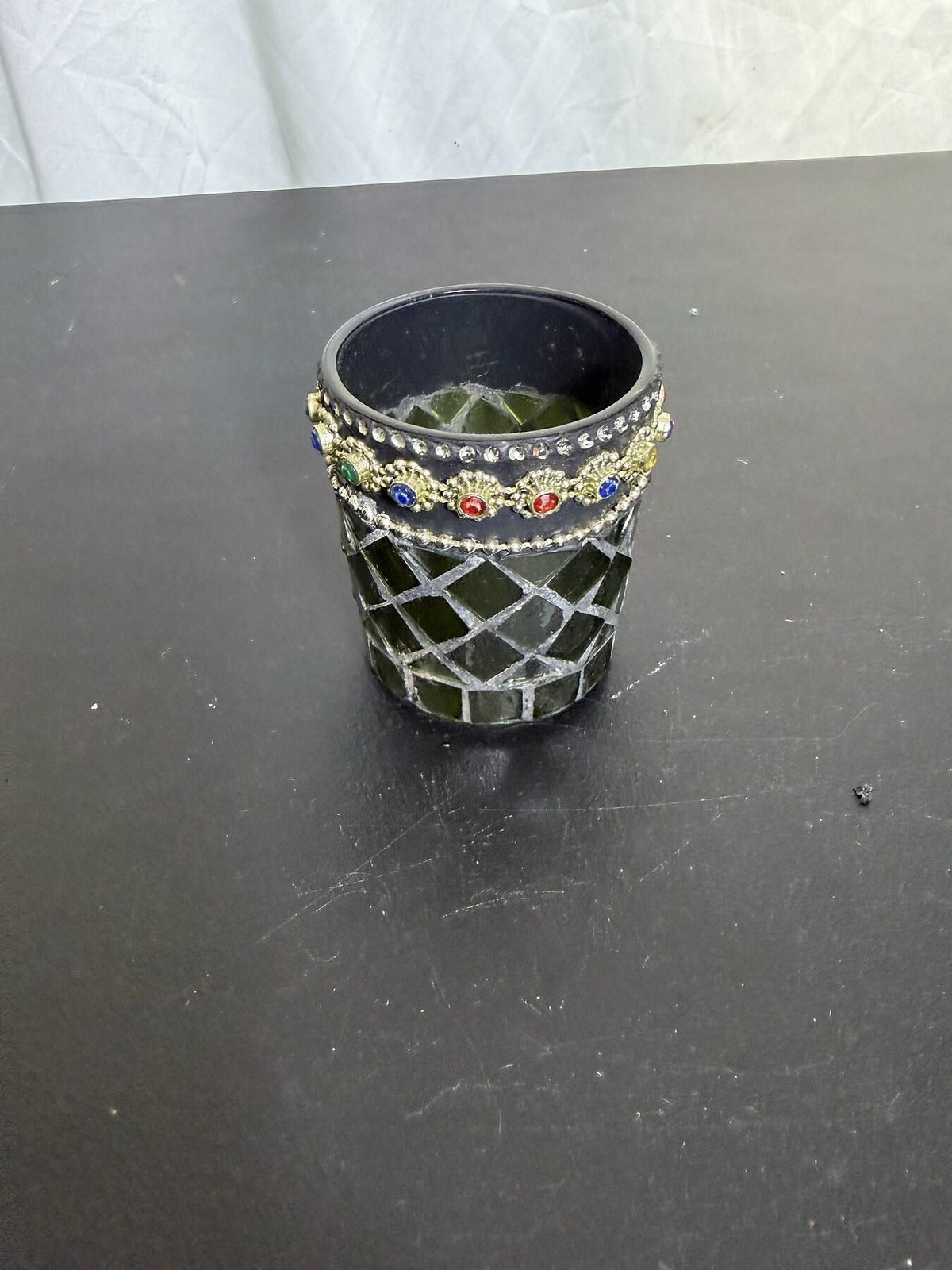 Mosaic Jeweled Votive Candle Holder / Decorative Pot Green & Gold Tone - Wormhole Thrift