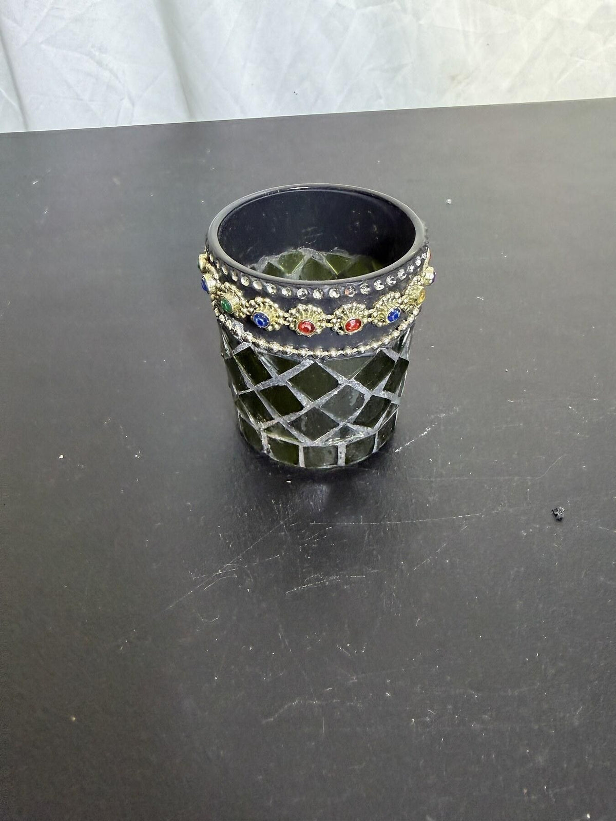 Mosaic Jeweled Votive Candle Holder / Decorative Pot Green & Gold Tone - Wormhole Thrift