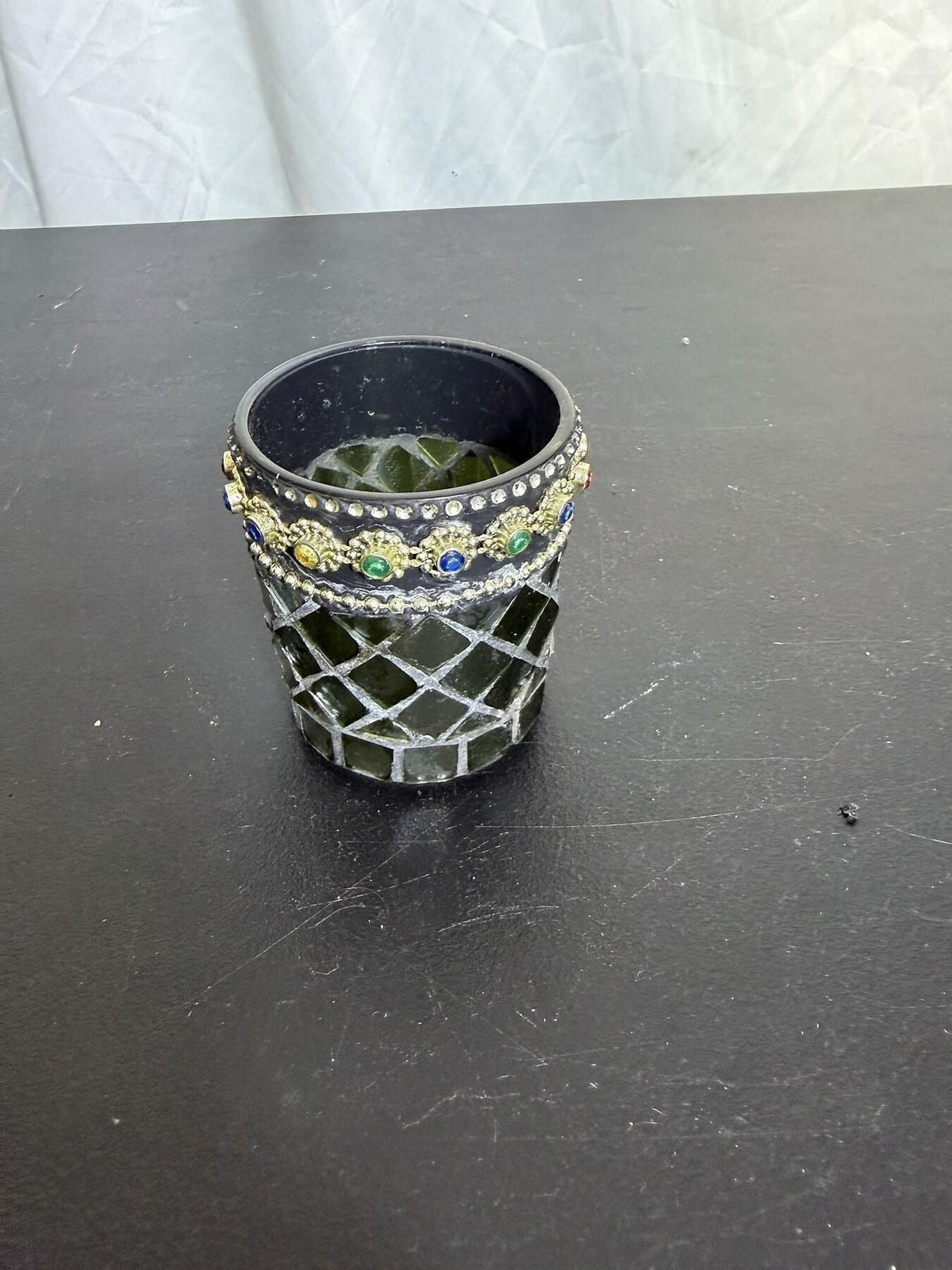 Mosaic Jeweled Votive Candle Holder / Decorative Pot Green & Gold Tone - Wormhole Thrift