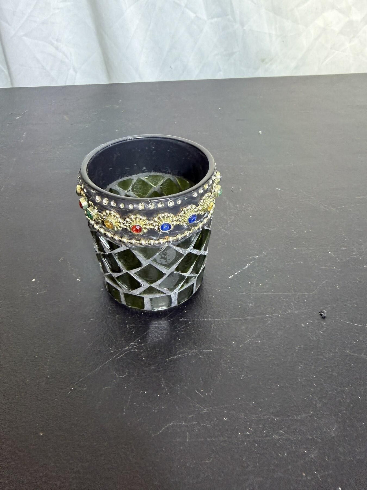Mosaic Jeweled Votive Candle Holder / Decorative Pot Green & Gold Tone - Wormhole Thrift