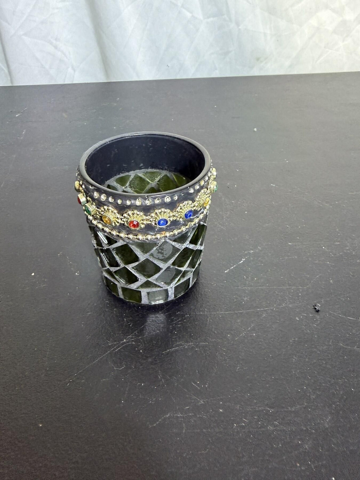 Mosaic Jeweled Votive Candle Holder / Decorative Pot Green & Gold Tone - Wormhole Thrift