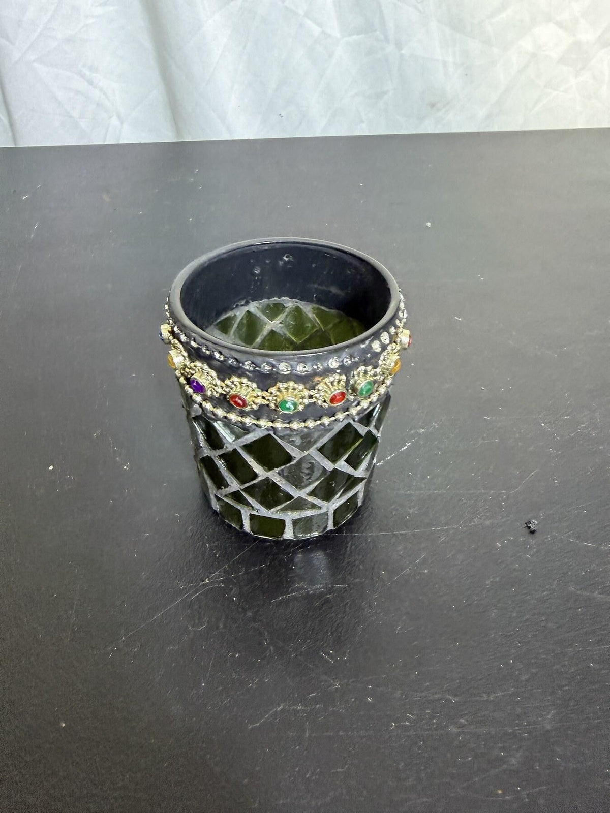 Mosaic Jeweled Votive Candle Holder / Decorative Pot Green & Gold Tone - Wormhole Thrift