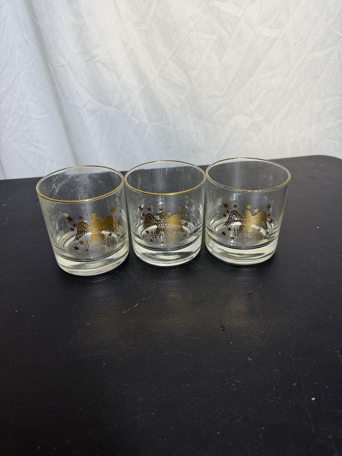 Set of 3 Vintage Gold Eagle & Stars Old Fashioned Rocks Glasses - Wormhole Thrift