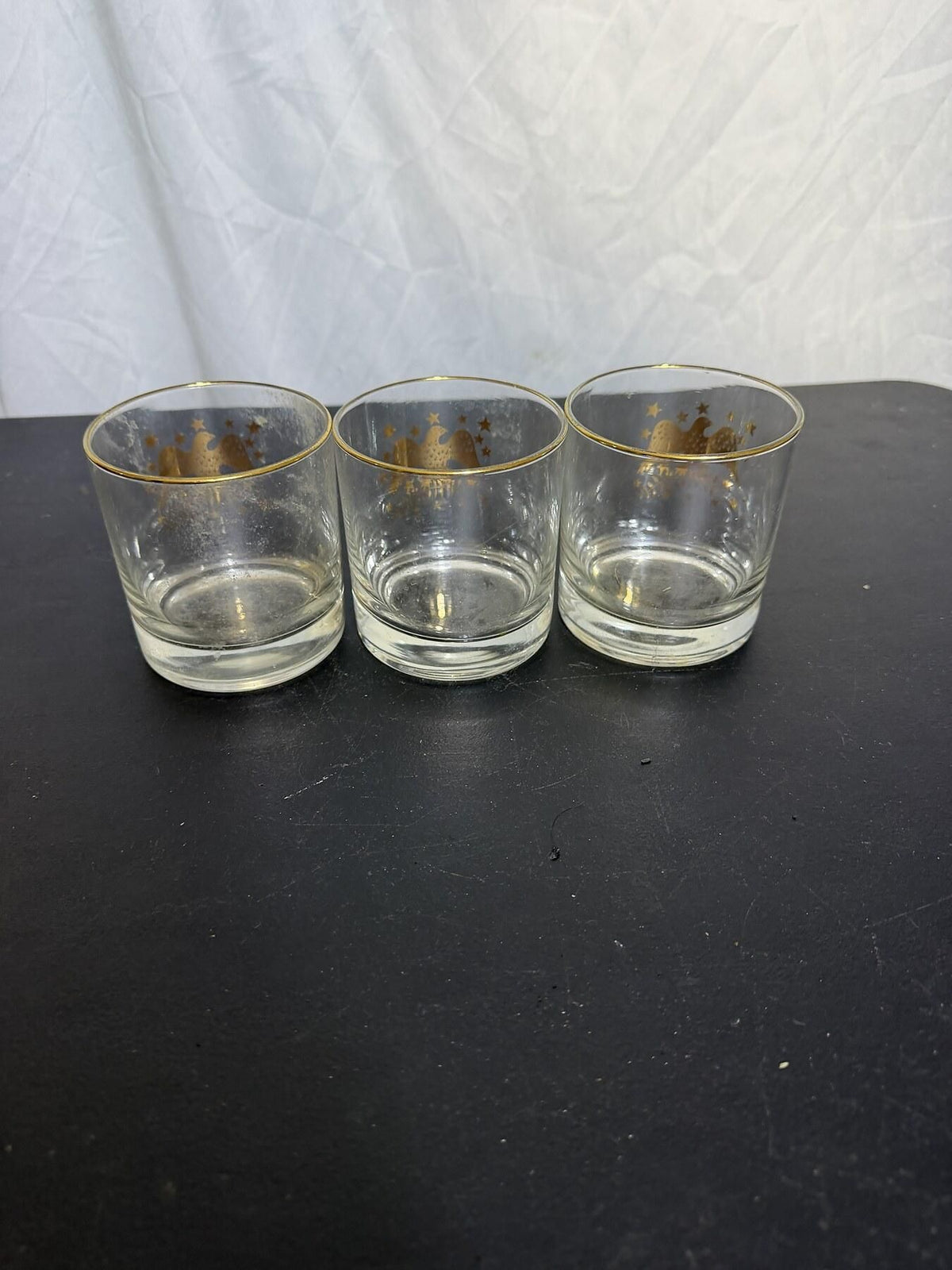Set of 3 Vintage Gold Eagle & Stars Old Fashioned Rocks Glasses - Wormhole Thrift