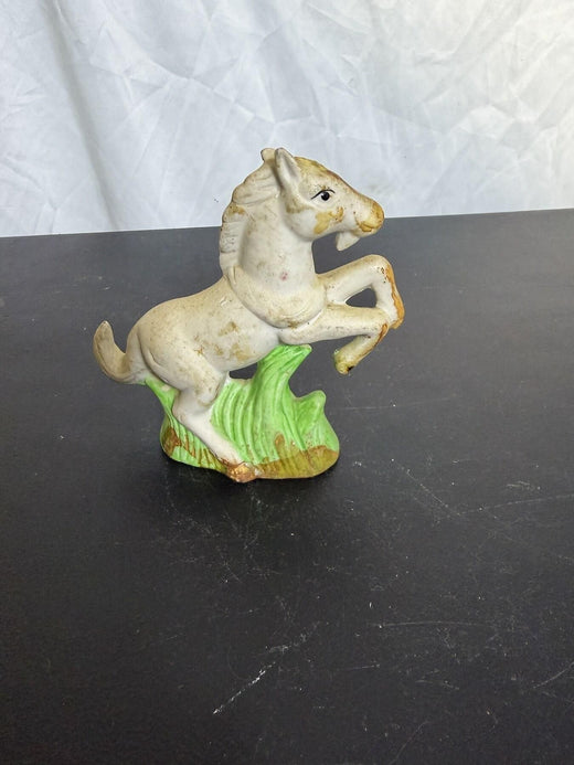 Vintage Ceramic Rearing Horse Figurine - White & Green Decor - Wormhole Thrift