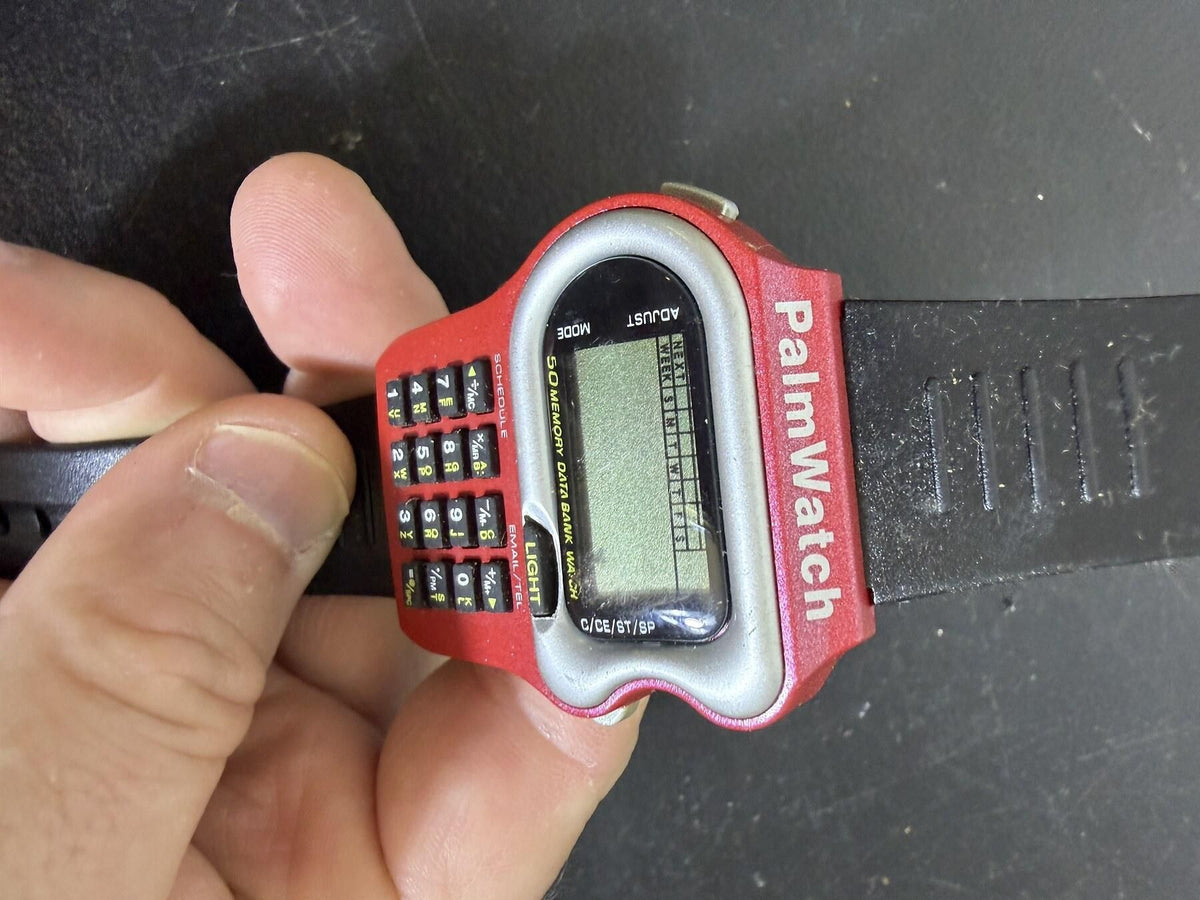 Vintage PalmWatch Digital Data Bank Calculator Watch Red & Black Strap - Wormhole Thrift