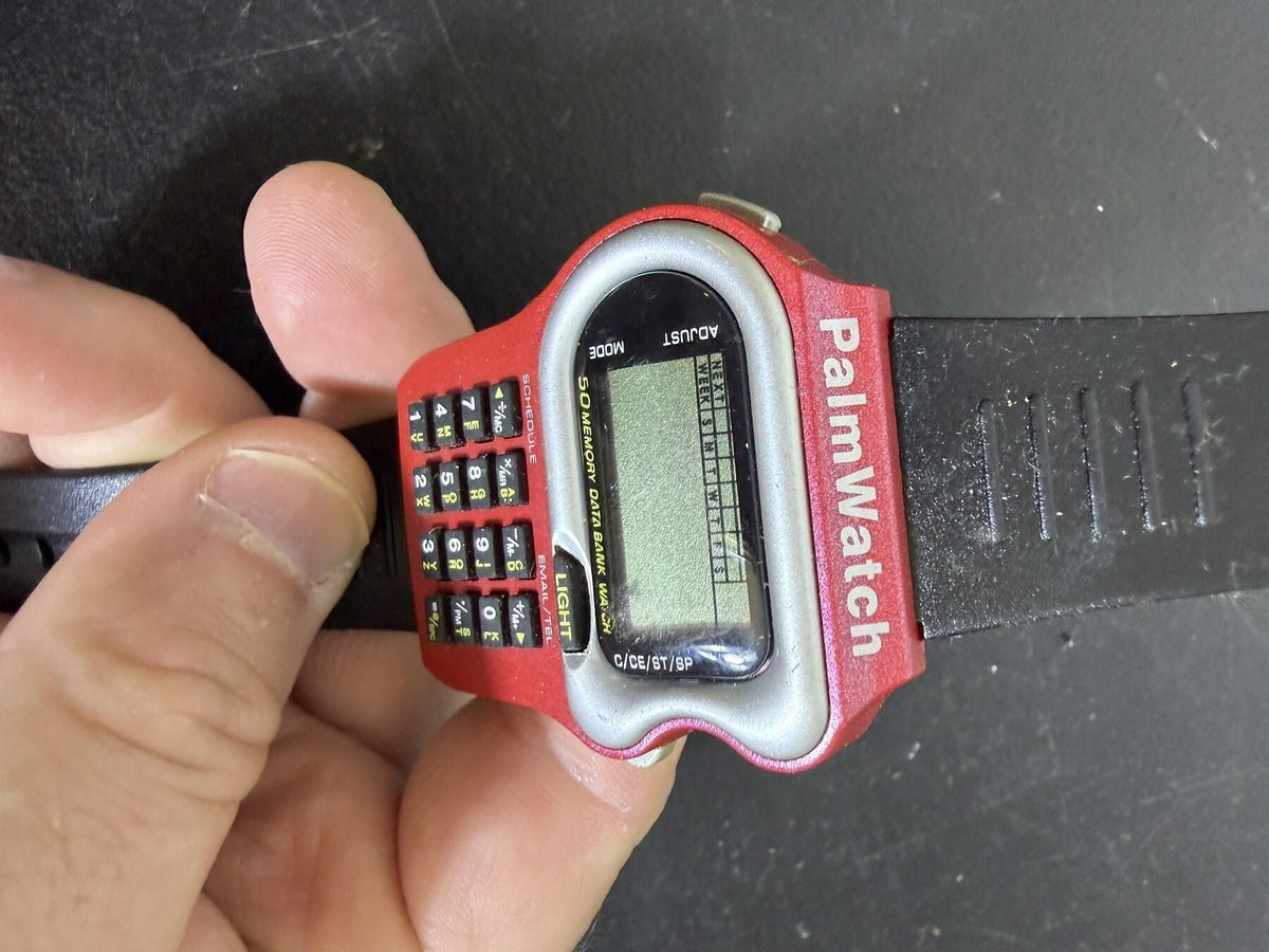 Vintage PalmWatch Digital Data Bank Calculator Watch Red & Black Strap - Wormhole Thrift