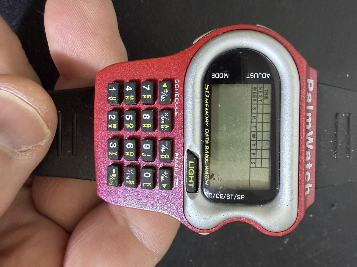 Vintage PalmWatch Digital Data Bank Calculator Watch Red & Black Strap - Wormhole Thrift