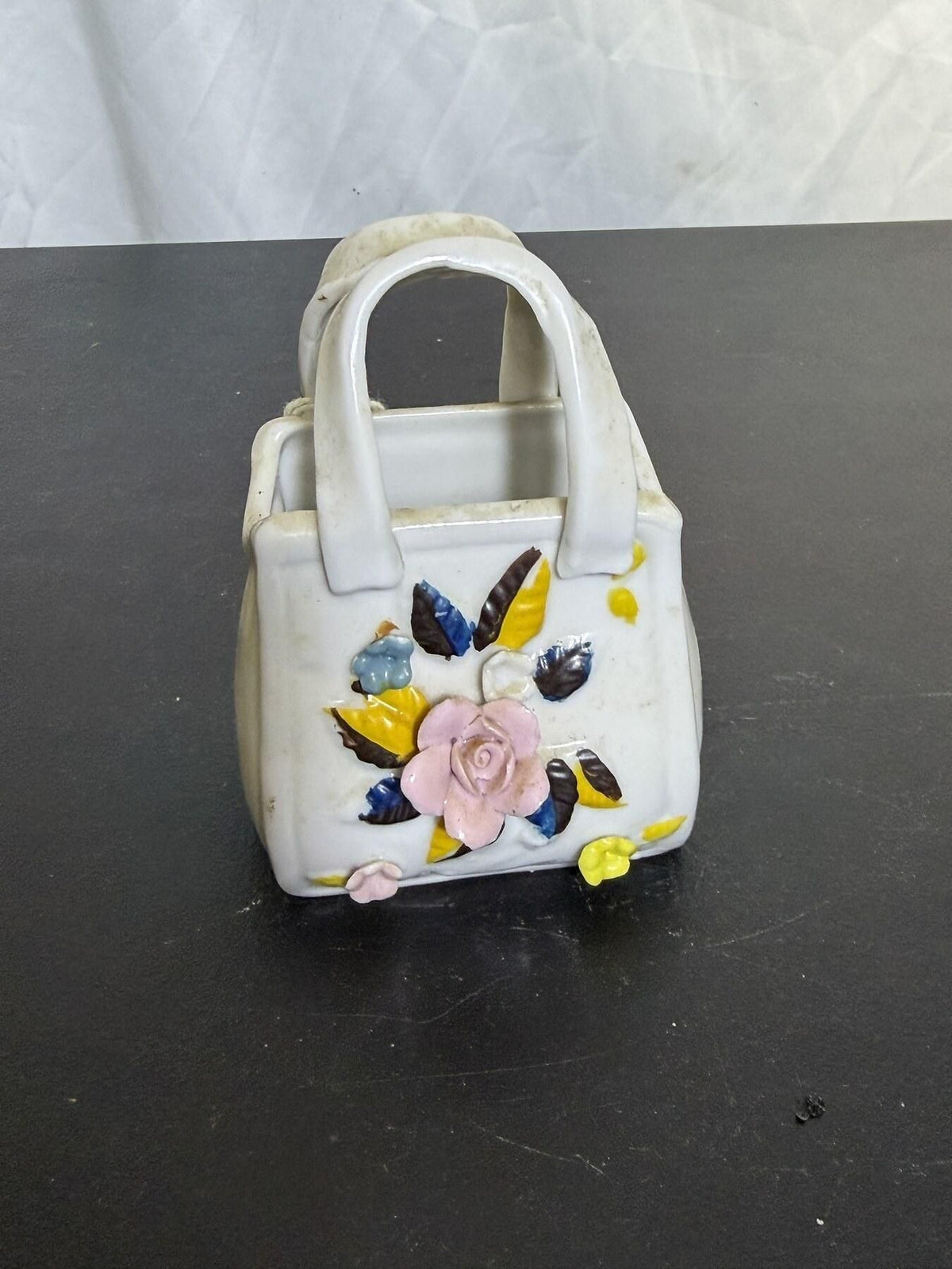 Small Ceramic Handbag Purse Figurine with Applied Flowers - Wormhole Thrift
