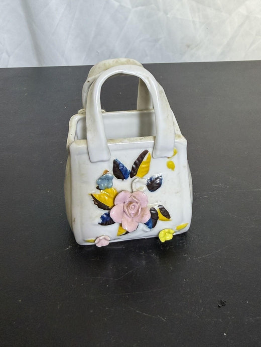 Small Ceramic Handbag Purse Figurine with Applied Flowers - Wormhole Thrift