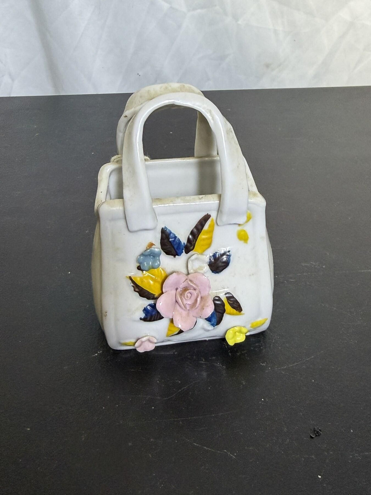 Small Ceramic Handbag Purse Figurine with Applied Flowers - Wormhole Thrift