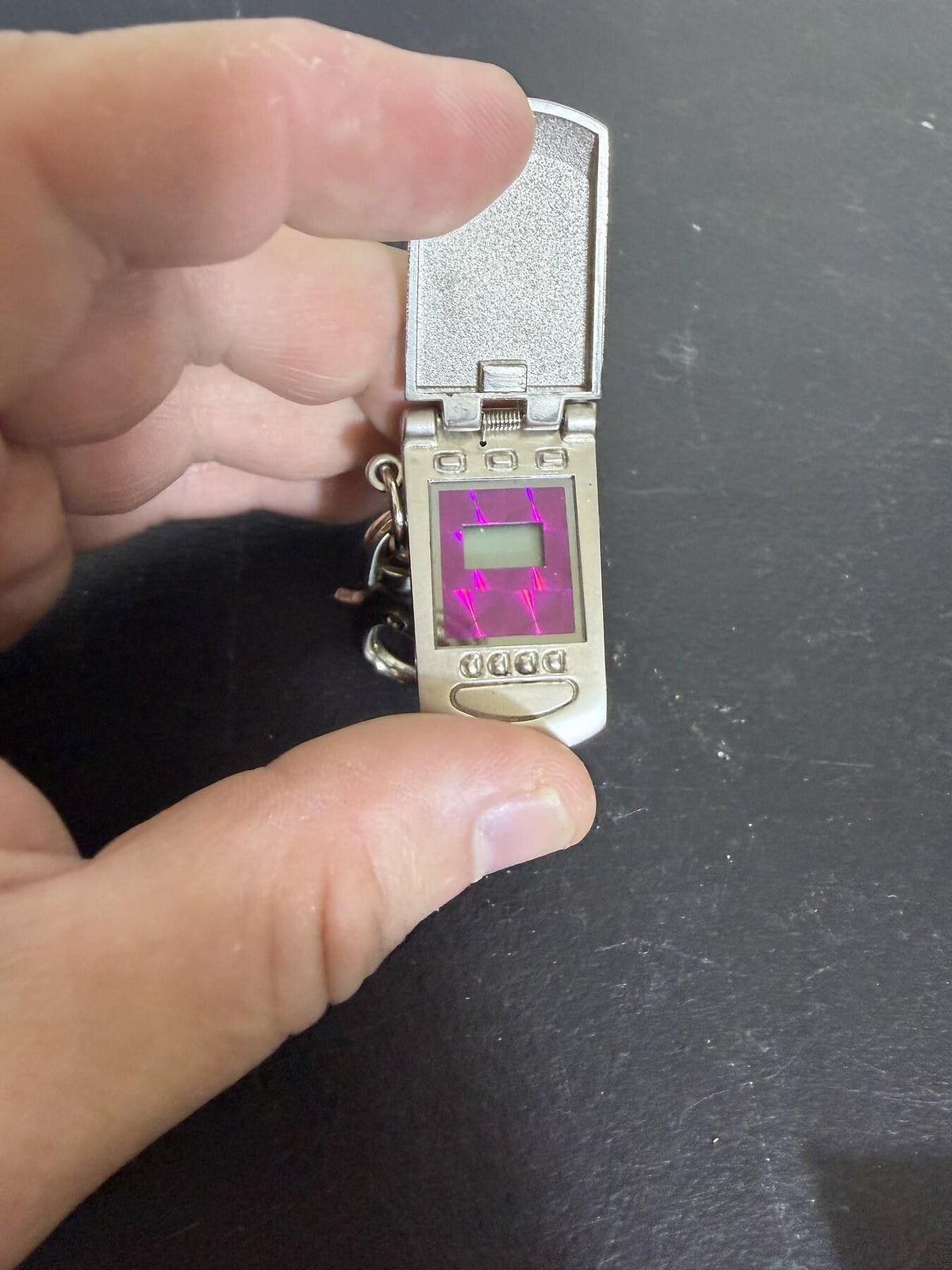 Miniature Flip Phone Keychain with Holographic Screen & Clock Movement - Wormhole Thrift