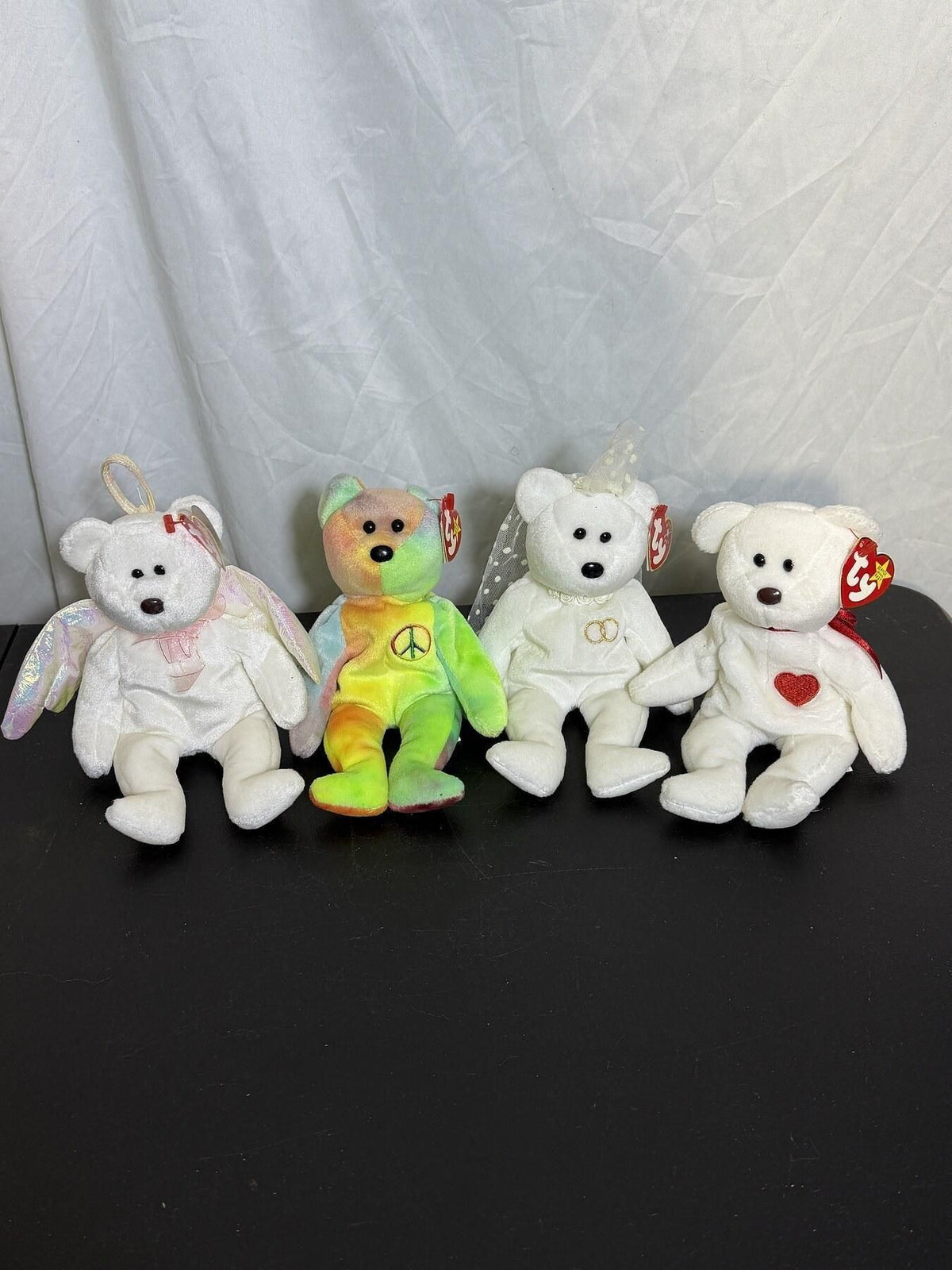 Lot of 4 Ty Beanie Babies: Peace, Halo, Valentino & Wedding Bear - Wormhole Thrift