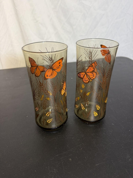 Vintage Smoky Glass Butterfly & Wheat Tumblers - Set of 2 - Wormhole Thrift