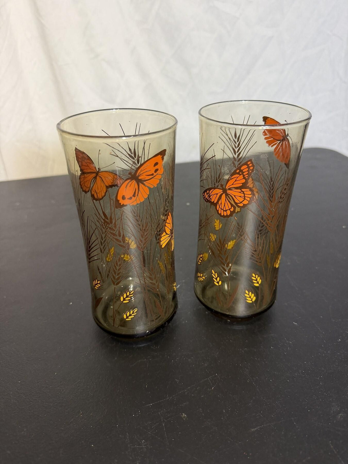 Vintage Smoky Glass Butterfly & Wheat Tumblers - Set of 2 - Wormhole Thrift