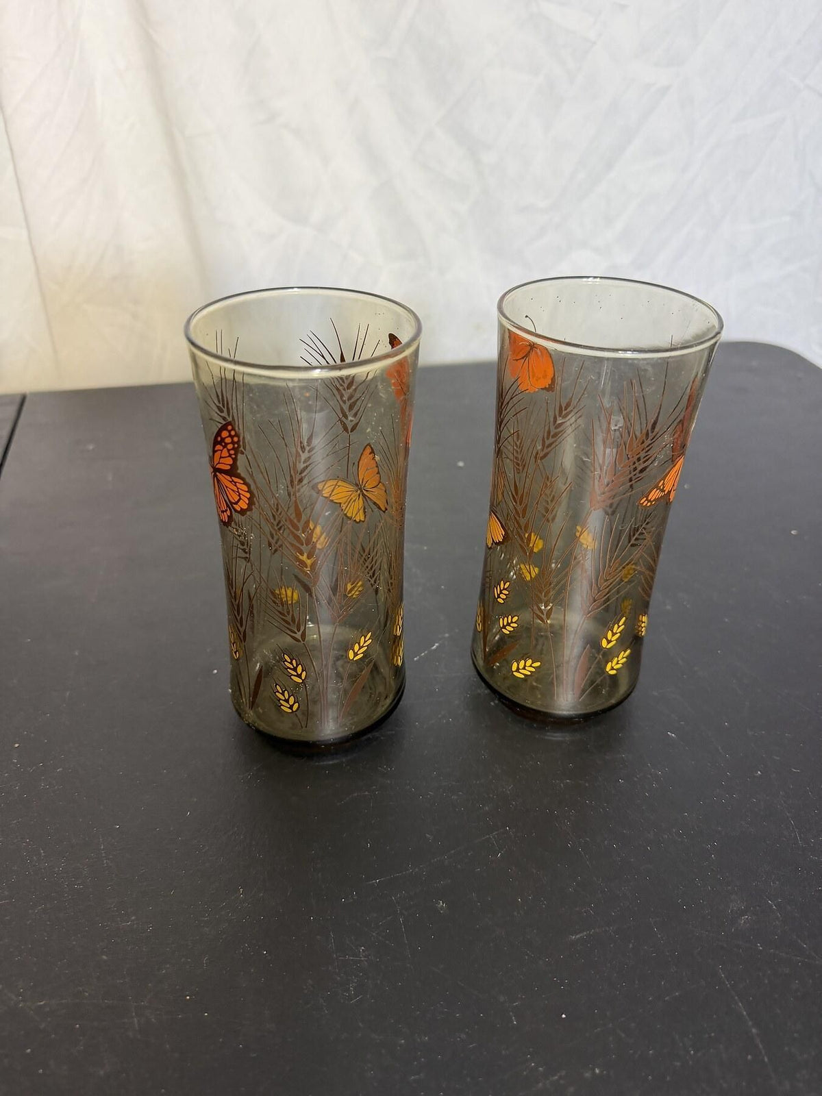 Vintage Smoky Glass Butterfly & Wheat Tumblers - Set of 2 - Wormhole Thrift