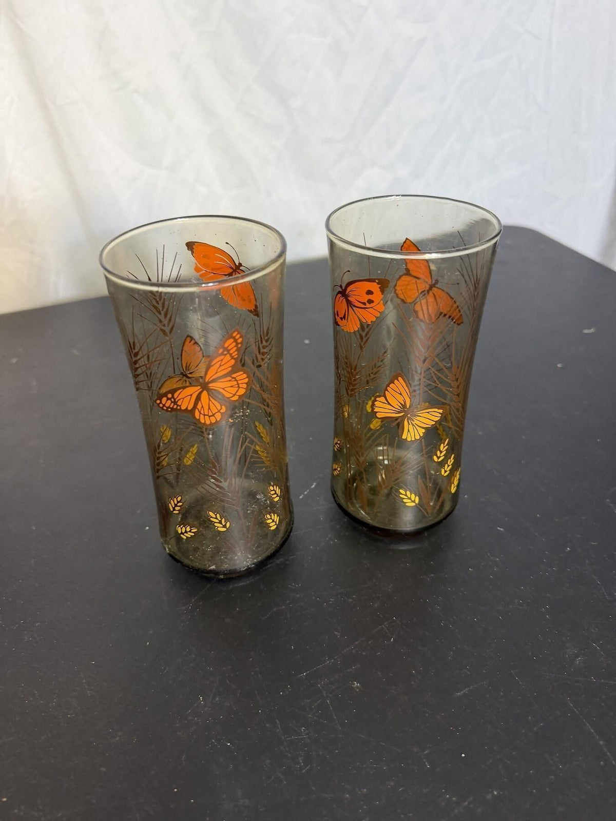 Vintage Smoky Glass Butterfly & Wheat Tumblers - Set of 2 - Wormhole Thrift