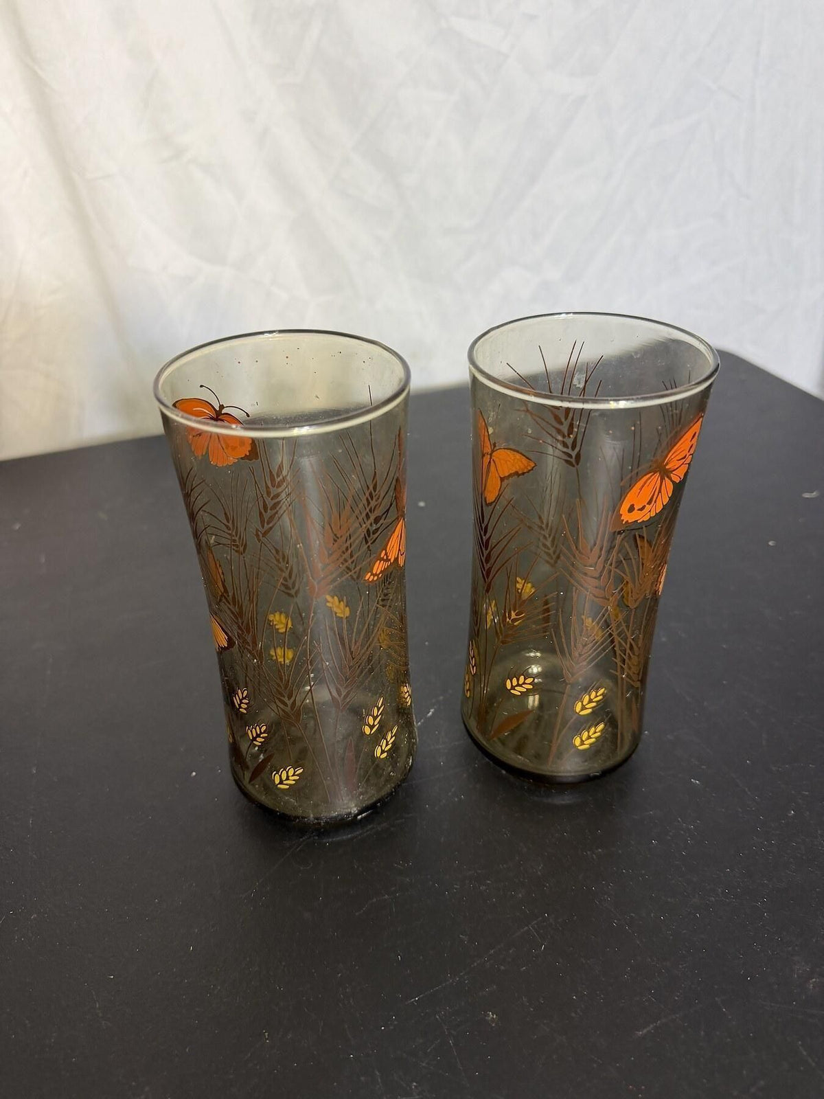 Vintage Smoky Glass Butterfly & Wheat Tumblers - Set of 2 - Wormhole Thrift