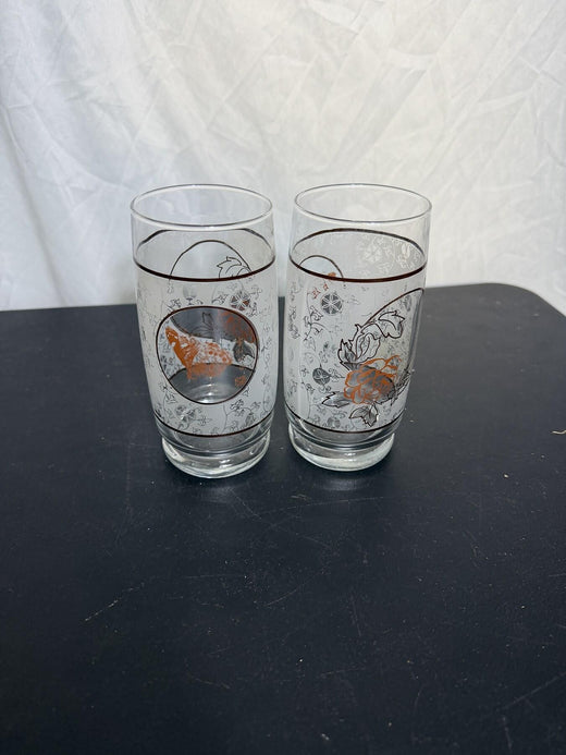 Vintage Frosted Floral & Game Bird Juice Glasses Tumblers - Set of 2 - Wormhole Thrift