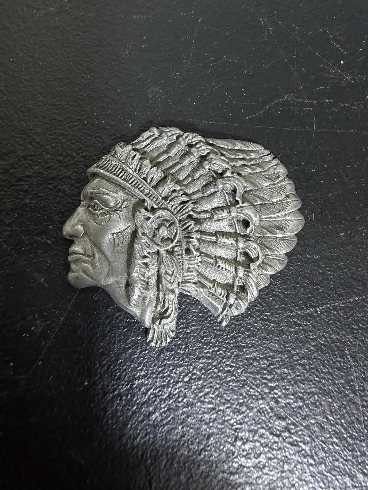 Vintage Silver-Tone Native American Chief Head Metal Applique - Wormhole Thrift