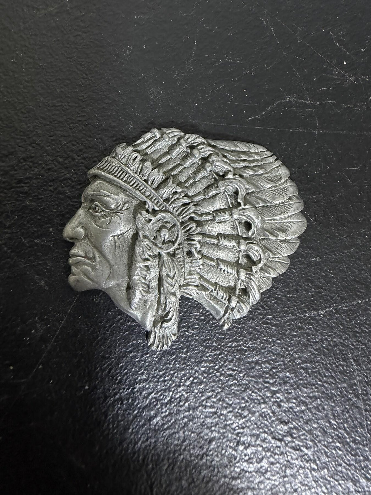 Vintage Silver-Tone Native American Chief Head Metal Applique - Wormhole Thrift